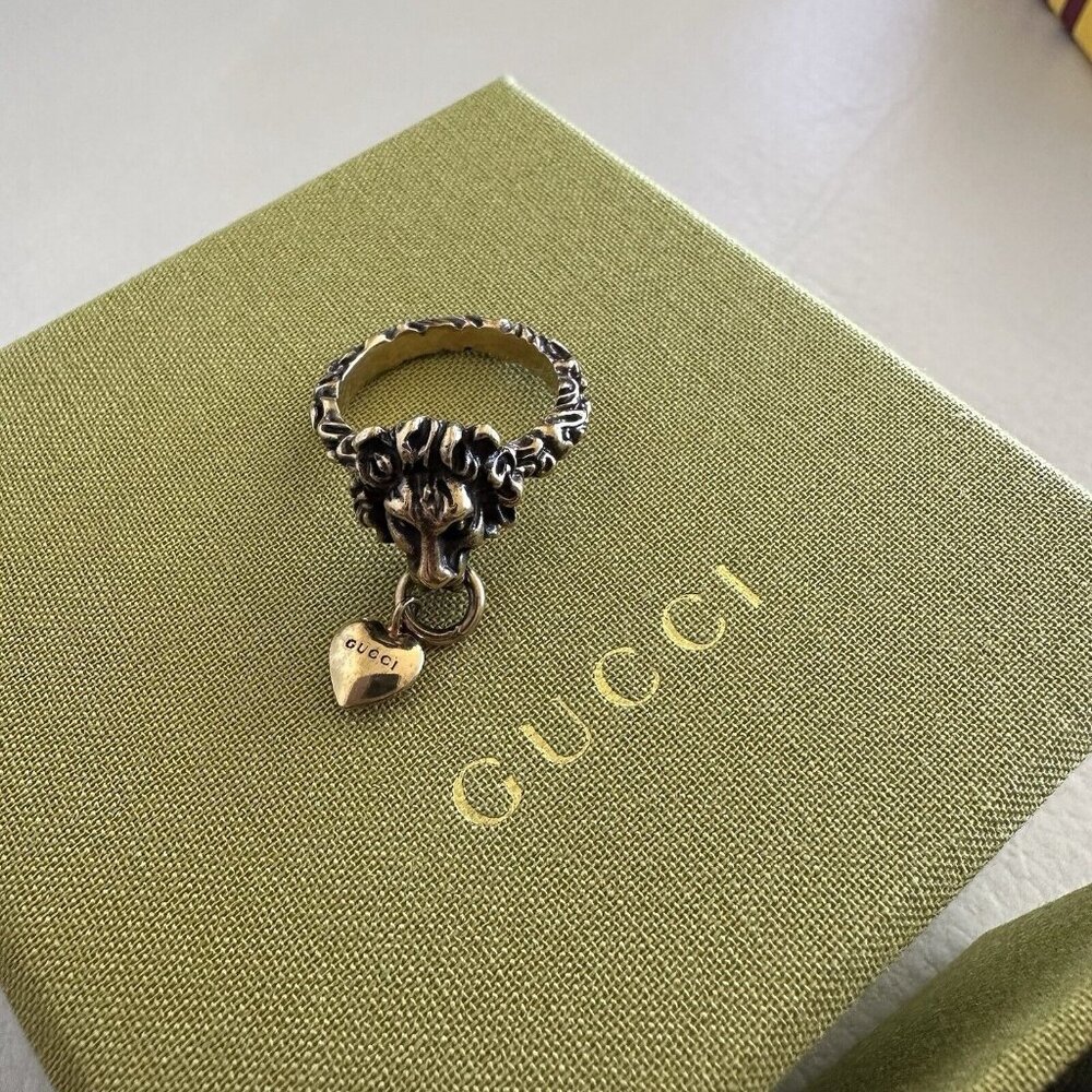 NEW Gucci Ring Lion Head Heart Gold Tone Metal Sz S - Picture 7 of 8